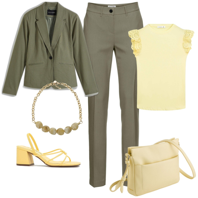 Outfit donna - Giallo burro e verde oliva. Stile Casual chic per Tutti i giorni. Abbinamento con pantaloni, blazer, sandali col tacco, t-shirt, collane, borse a tracolla.