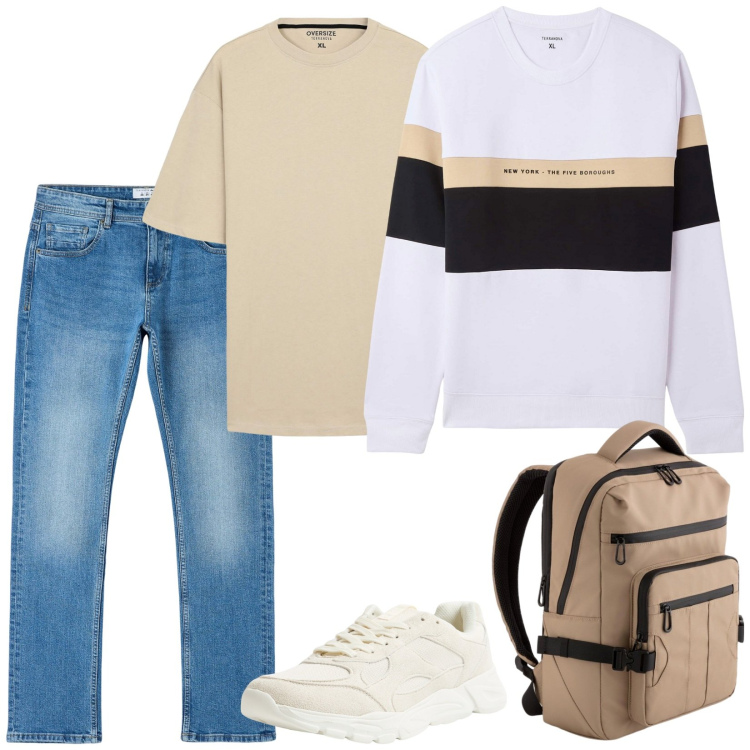Outfit uomo - Gita di classe. Stile Casual per Tutti i giorni. Abbinamento con felpe con cappuccio, t-shirt, sneakers, jeans dritti, borse sportive.
