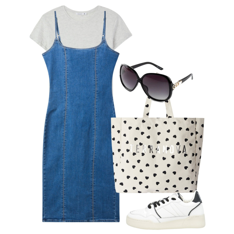 Outfit donna - Aprile. Stile Basic per Tutti i giorni. Abbinamento con occhiali da sole, sneakers, borse tote, vestiti a tubino, t-shirt.