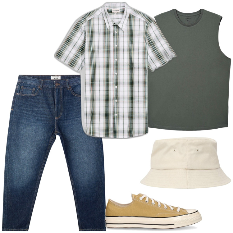 Outfit uomo - Country. Stile Casual per Tutti i giorni. Abbinamento con camicie a manica corta, jeans, cappelli, canottiere, sneakers.