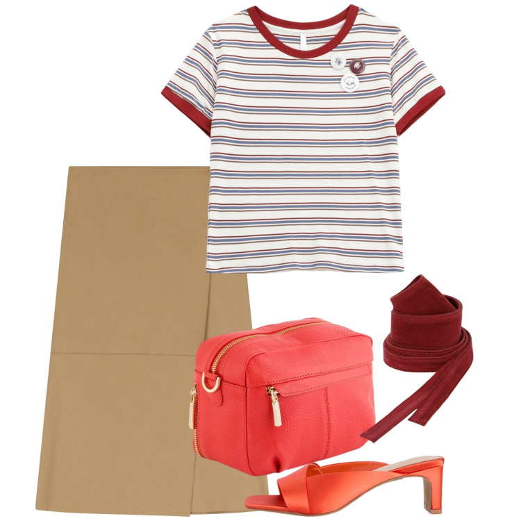 Outfit donna - Aprile. Stile Bon Ton per Tutti i giorni. Abbinamento con t-shirt, gonne longuette, cinture, sabot, borse a tracolla.