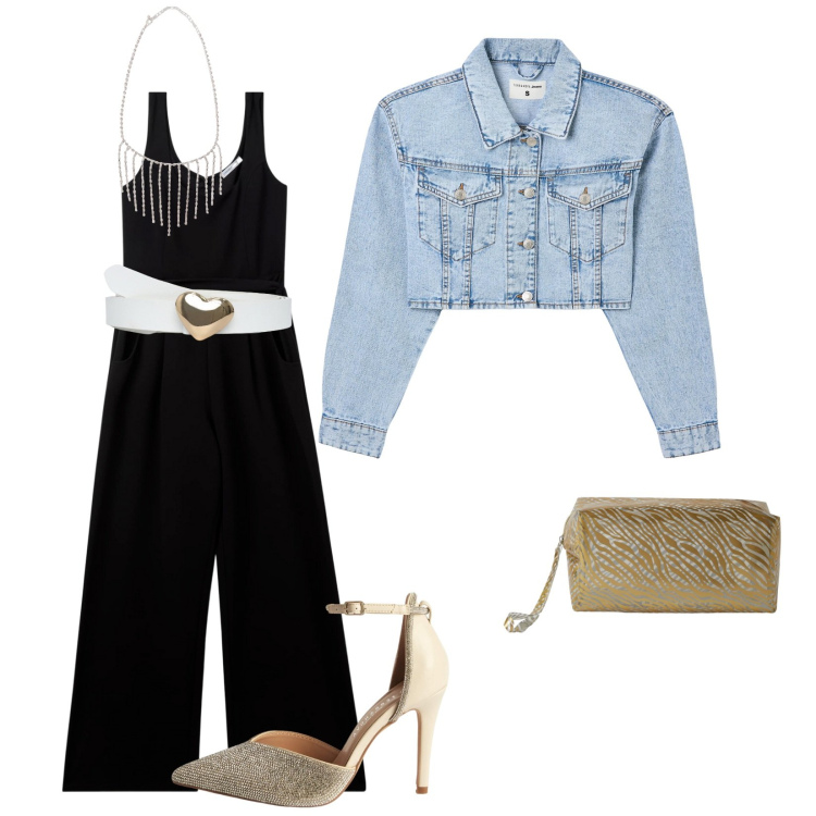 Outfit donna - Serata con amici. Stile Casual chic per Serata fuori. Abbinamento con tute, décolleté, cinture, blazer, pochette, collane.