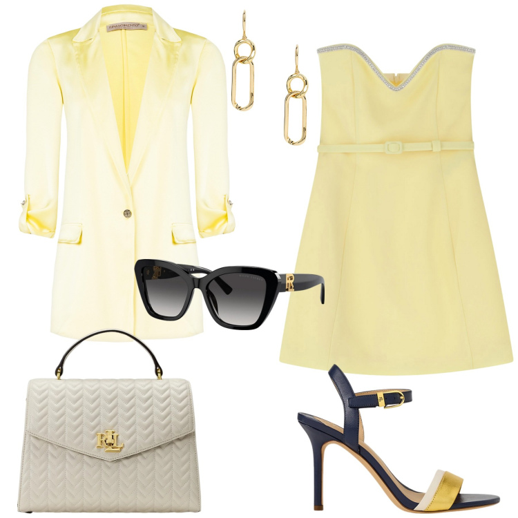 Outfit donna - Giallo burro per la cerimonia. Stile Glamour per Cerimonia. Abbinamento con blazer, vestiti corti, occhiali da sole, sandali in pelle, orecchini, borse a mano.