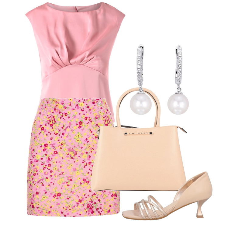 Outfit donna - Pink spring. Stile Chic per Cerimonia. Abbinamento con borse a mano, sandali in pelle, orecchini, top, minigonne.