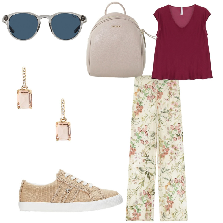 Outfit donna - MyStyle. per Ufficio. Abbinamento con pantaloni, top, zaini, occhiali da sole, sneakers, orecchini.