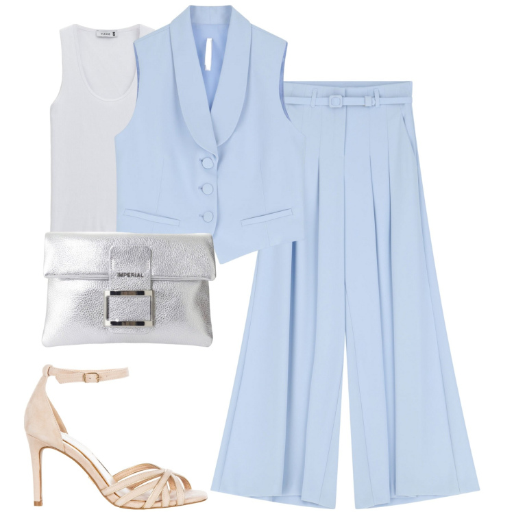 Outfit donna - City. Stile Trendy per Tutti i giorni. Abbinamento con pantaloni, pochette, gilet, sandali col tacco, top.