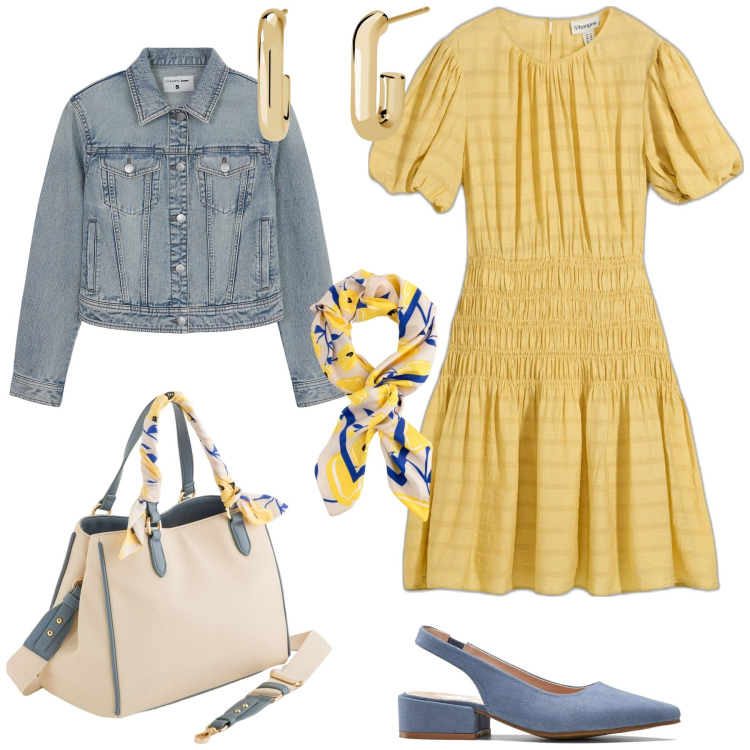 Outfit donna - È domenica. Stile Casual chic per Tutti i giorni. Abbinamento con décolleté, vestiti corti, blazer, orecchini, borse a mano, foulard.