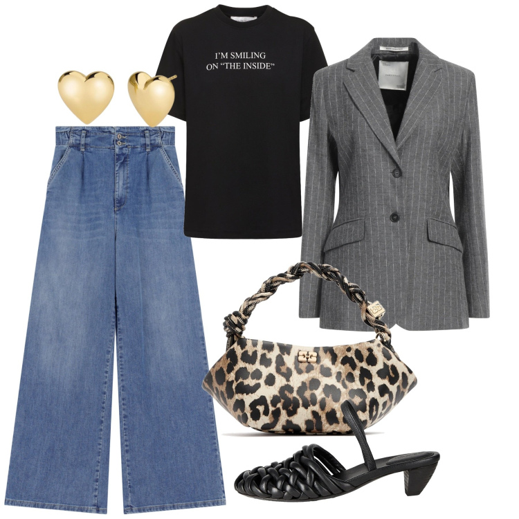 Outfit donna - Smiling. Stile Chic per Tutti i giorni. Abbinamento con blazer, décolleté, orecchini, jeans, borse a mano, t-shirt.