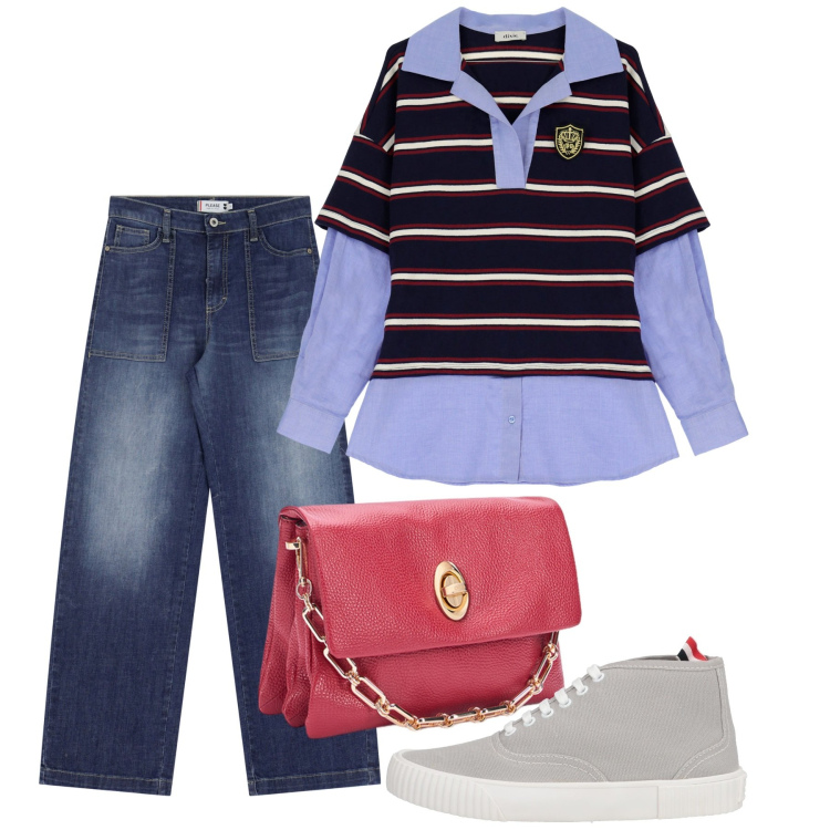 Outfit donna - Aprile. Stile Basic per Tutti i giorni. Abbinamento con sneakers alte, jeans, t-shirt, borse a tracolla.