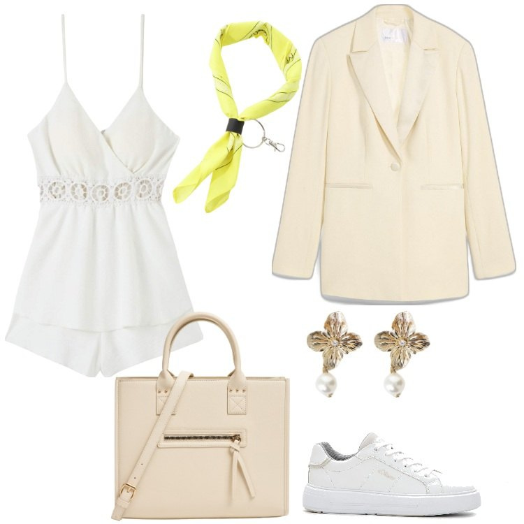 Outfit donna - Grazioso Blazer con revers. Stile Trendy per Tutti i giorni. Abbinamento con blazer, sneakers, tuta corta, shopping bag, orecchini, foulard.