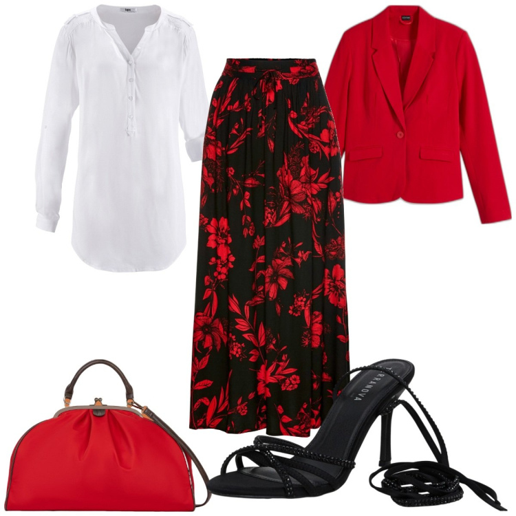 Outfit donna - Total look #2116864. Stile Trendy per Tutti i giorni. Abbinamento con gonne lunghe, tuniche, blazer, sandali alla schiava, borse a spalla.