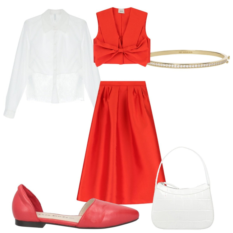 Outfit donna - Total look #2116868. Stile Trendy per Tutti i giorni. Abbinamento con ballerine, borse a mano, braccialetti, camicie, gonne.