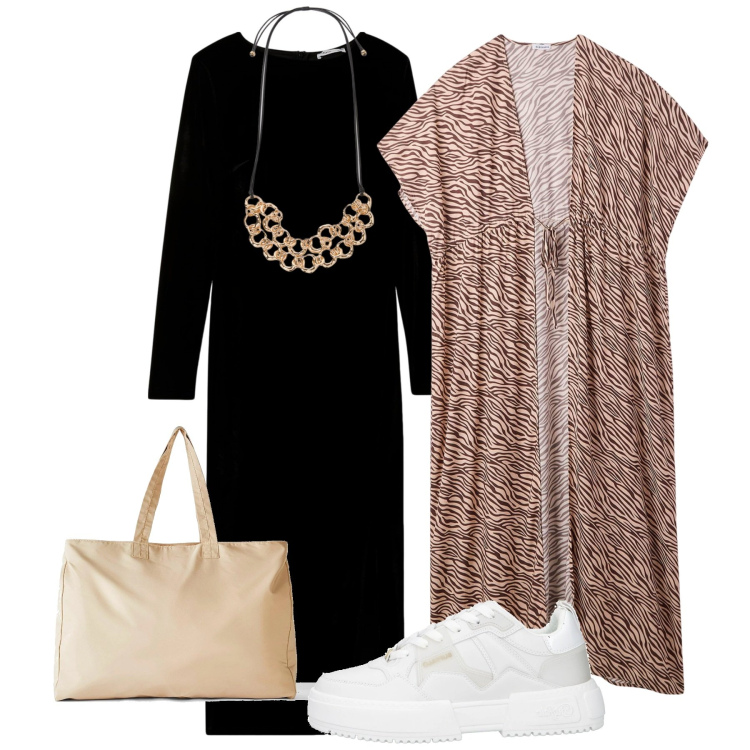 Outfit donna - Aprile. Stile Minimal per Tutti i giorni. Abbinamento con shopping bag, sneakers, caftani, vestiti lunghi, collane.