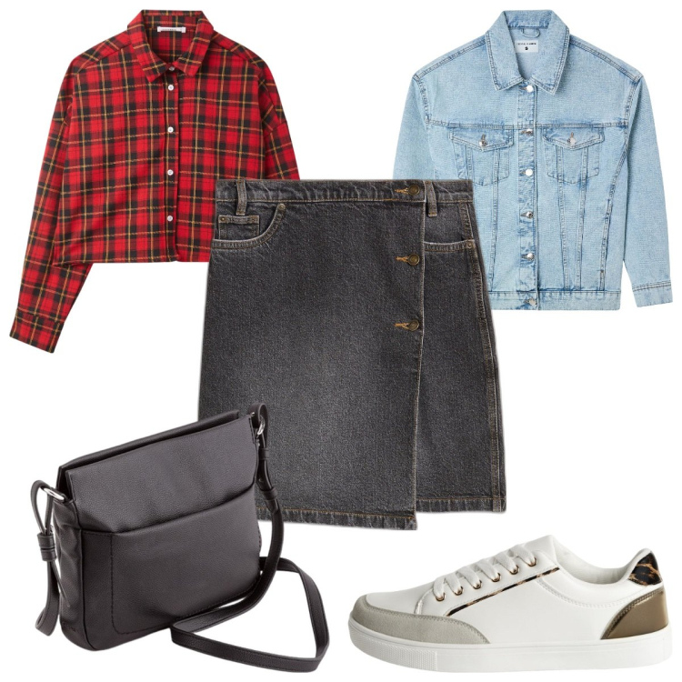 Outfit donna - Total look #2116879. Stile Casual per Tutti i giorni. Abbinamento con gonne, sneakers, camicie, cappotti, borse a tracolla.