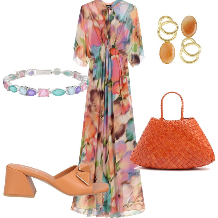 Outfit donna - Voglia d'estate. Stile Romantica per Mare. Abbinamento con braccialetti, vestiti lunghi, sandali in pelle, orecchini, borse a spalla.