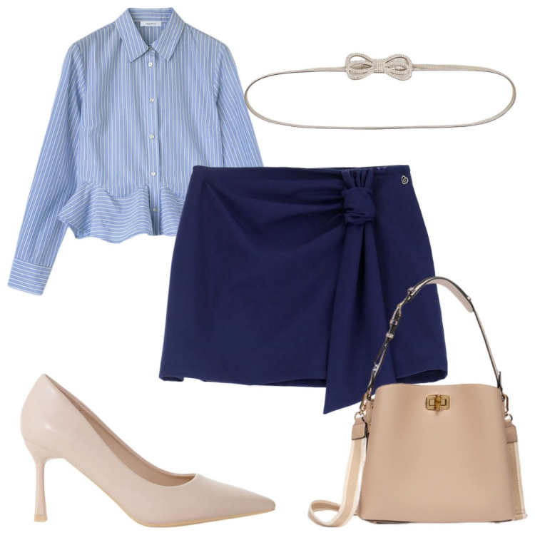 Outfit donna - Total look #2116884. Stile Trendy per Tutti i giorni. Abbinamento con cinture, minigonne, décolleté, camicie, borse a secchiello.