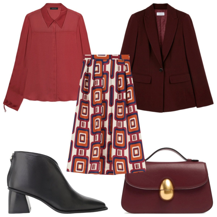 Outfit donna - Total look #2116890. Stile 70s per Tutti i giorni. Abbinamento con gonne longuette, stivaletti, camicie, borse a mano, blazer.