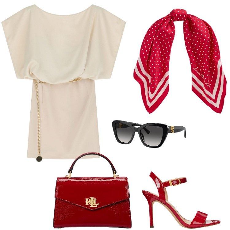 Outfit donna - E con il rosso?. Stile Chic per Tutti i giorni. Abbinamento con vestiti corti, occhiali da sole, borse a mano, sandali col tacco, foulard.