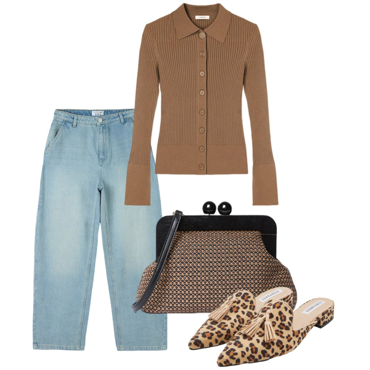 Outfit donna - Aprile. Stile Casual chic per Tutti i giorni. Abbinamento con jeans, sabot, cardigans, clutch.