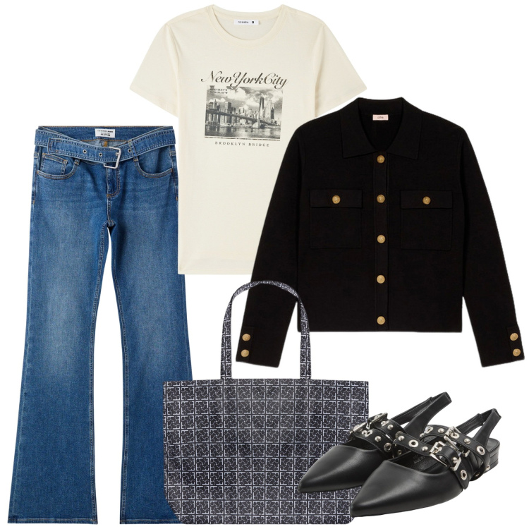 Outfit donna - Aprile. Stile Casual chic per Tutti i giorni. Abbinamento con jeans a zampa, t-shirt, sabot, shopping bag, blazer.