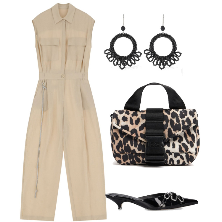 Outfit donna - Tuta Imperial versatile. Stile Casual chic per Ufficio. Abbinamento con tute, orecchini, borse a cartella, pantofole.