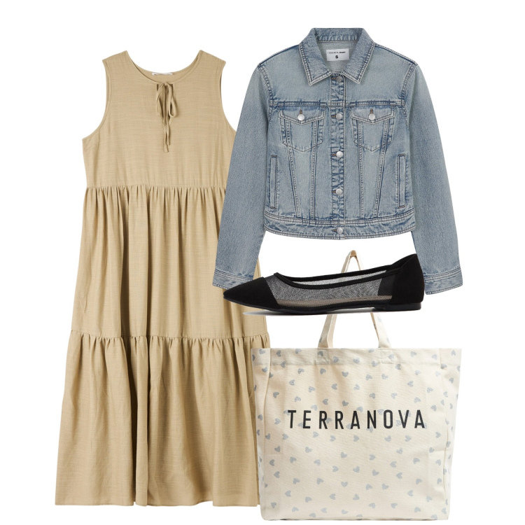 Outfit donna - Sabato mattina. Stile Bon Ton per Tutti i giorni. Abbinamento con ballerine, blazer, vestiti senza maniche, shopping bag.