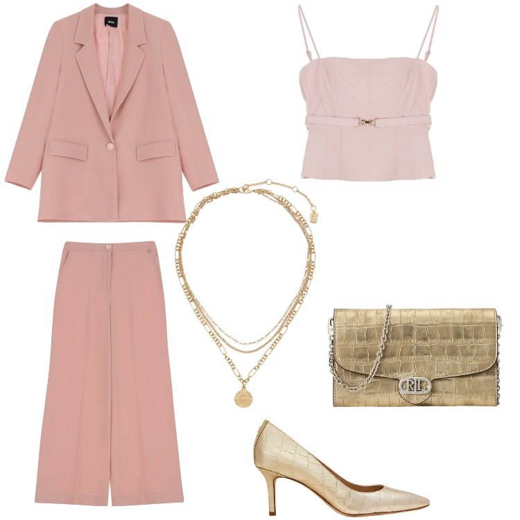 Outfit donna - Laurea in primavera. Stile Chic per Cerimonia. Abbinamento con top, pantaloni, ciondoli, borse a tracolla, décolleté.