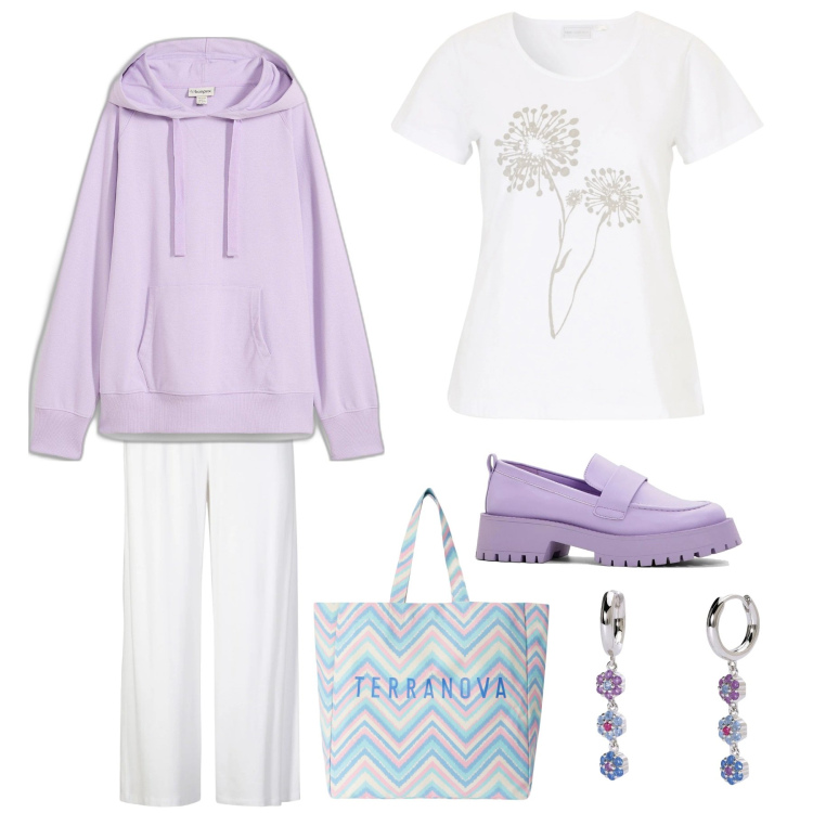 Outfit donna - Nonsololilla. Stile Casual per Tutti i giorni. Abbinamento con pantaloni, t-shirt, felpe con cappuccio, mocassini, borse tote, orecchini.