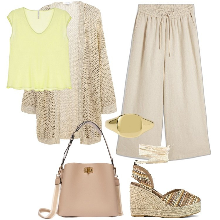 Outfit donna - Kimono traforato etno-chic. Stile Etnico per Tutti i giorni. Abbinamento con pantaloni a palazzo, kimono, anelli, top, zeppe, borse a secchiello.