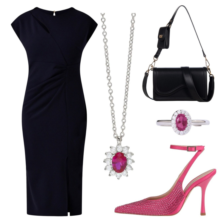 Outfit donna - Collana per la sera. Stile Chic per Serata fuori. Abbinamento con décolleté, anelli, collane, pochette, vestiti midi/longuette.