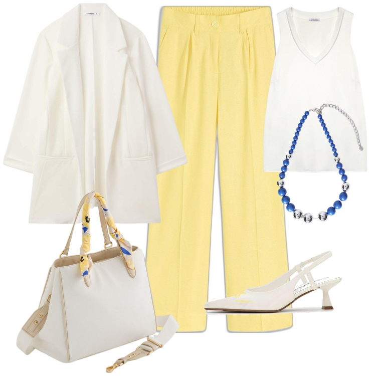 Outfit donna - Alla Comunione. Stile Casual chic per Cerimonia. Abbinamento con pantaloni a palazzo, décolleté, blazer, top, collane, borse a mano.