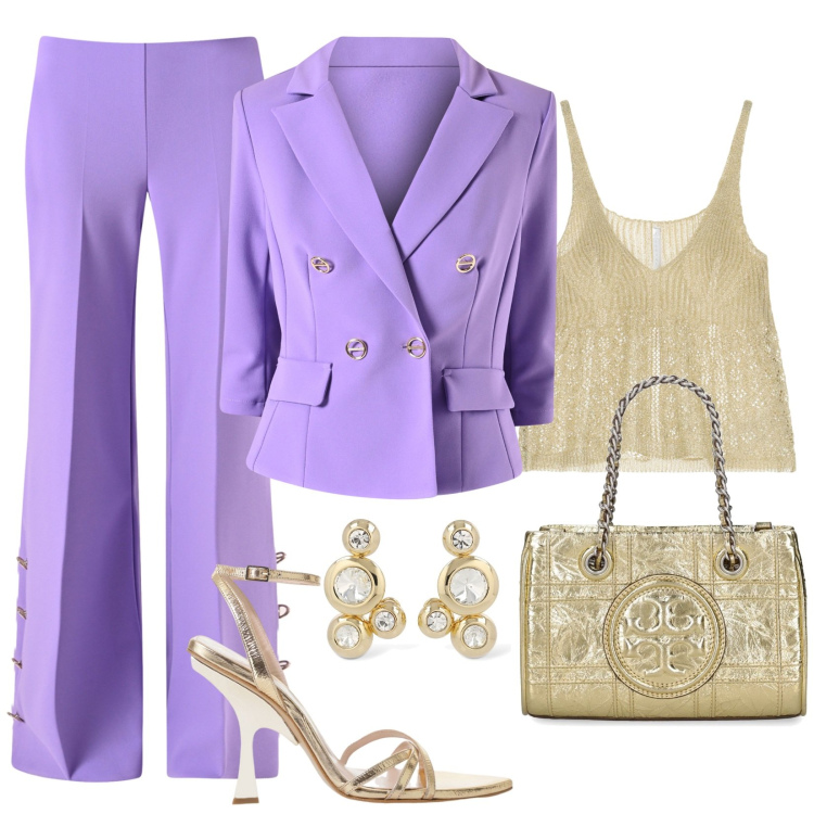 Outfit donna - Viola Rinascimento. Stile Chic per Cerimonia. Abbinamento con pantaloni a palazzo, blazer, top, sandali col tacco, borse a mano, orecchini.