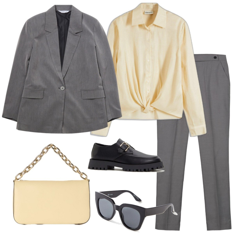 Outfit donna - Total look #2116921. Stile Mannish per Ufficio. Abbinamento con mocassini, bluse, occhiali da sole, blazer, pantaloni, borse a tracolla.