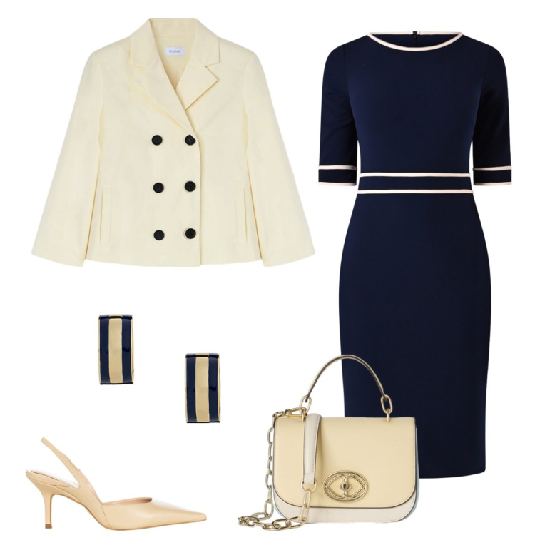 Outfit donna - Total look #2116923. Stile Chic per Tutti i giorni. Abbinamento con vestiti a tubino, décolleté, orecchini, blazer, borse a tracolla.