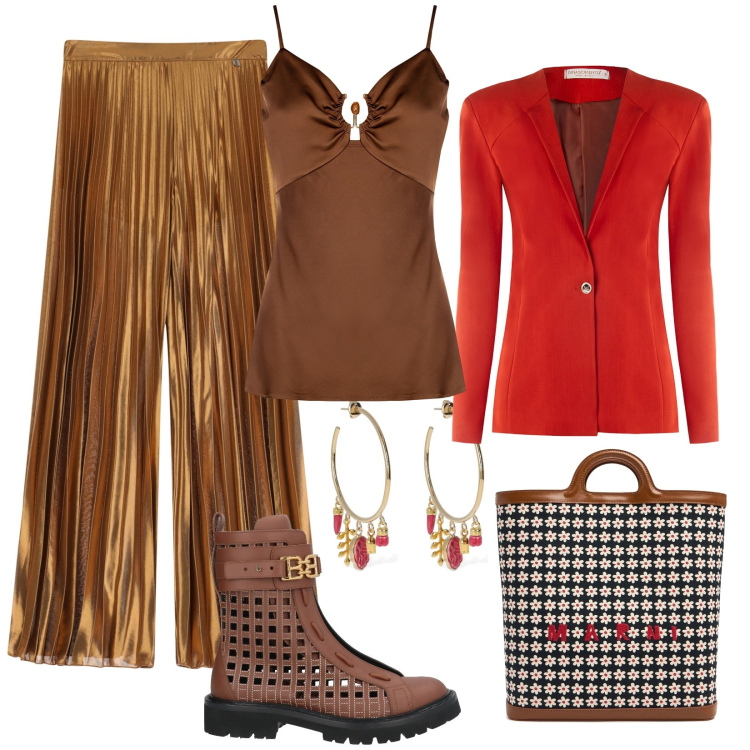 Outfit donna - Glamour versatile e comodo. Stile Glamour per Serata fuori. Abbinamento con stivaletti, pantaloni a palazzo, blazer, top, orecchini, borse a tracolla.