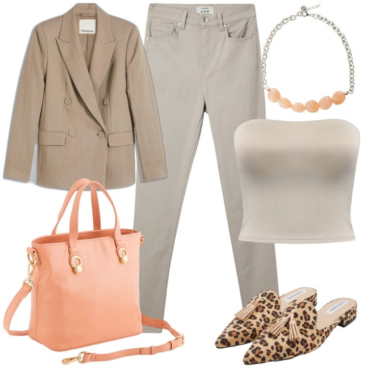 Outfit donna - In città. Stile Casual chic per Tutti i giorni. Abbinamento con blazer, pantaloni skinny, sabot, top, collane, borse a mano.
