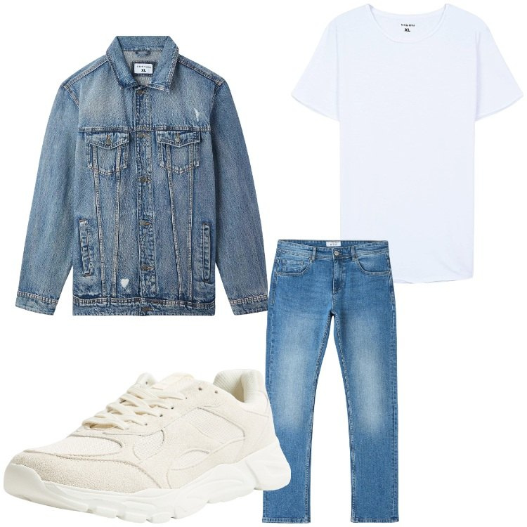 Outfit uomo - Bianco e jeans. Stile Casual per Tutti i giorni. Abbinamento con giacche, jeans dritti, sneakers, t-shirt.