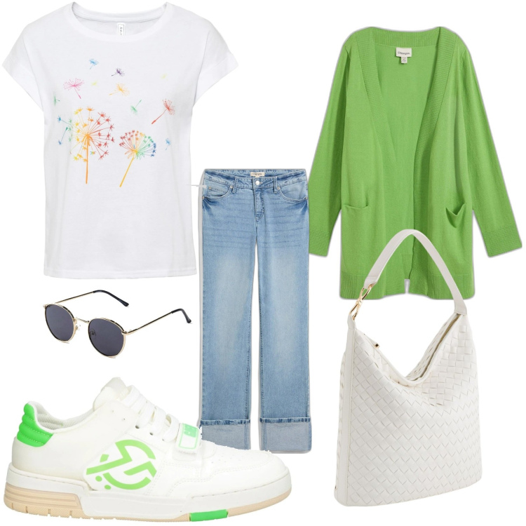 Outfit donna - Total look #2116945. Stile Casual per Tutti i giorni. Abbinamento con t-shirt, occhiali da sole, cardigans, jeans dritti, sneakers, borse a tracolla.