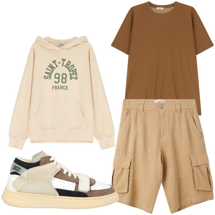 Outfit uomo - Beige sport. Stile Casual per Tutti i giorni. Abbinamento con sneakers alte, pantaloni corti, t-shirt, felpe con cappuccio.