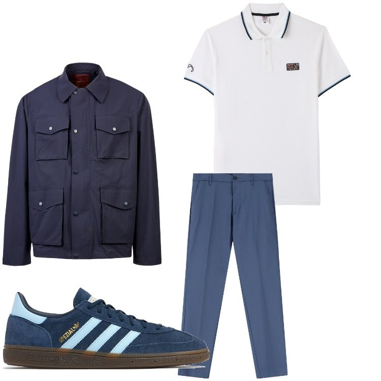 Outfit uomo - Eleganza casual. Stile Casual per Ufficio. Abbinamento con polo, pantaloni, giacche, sneakers.