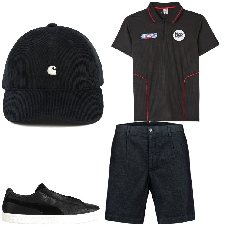Outfit uomo - Quasi estate. Stile Casual per Tutti i giorni. Abbinamento con sneakers, polo, cappelli, bermuda.