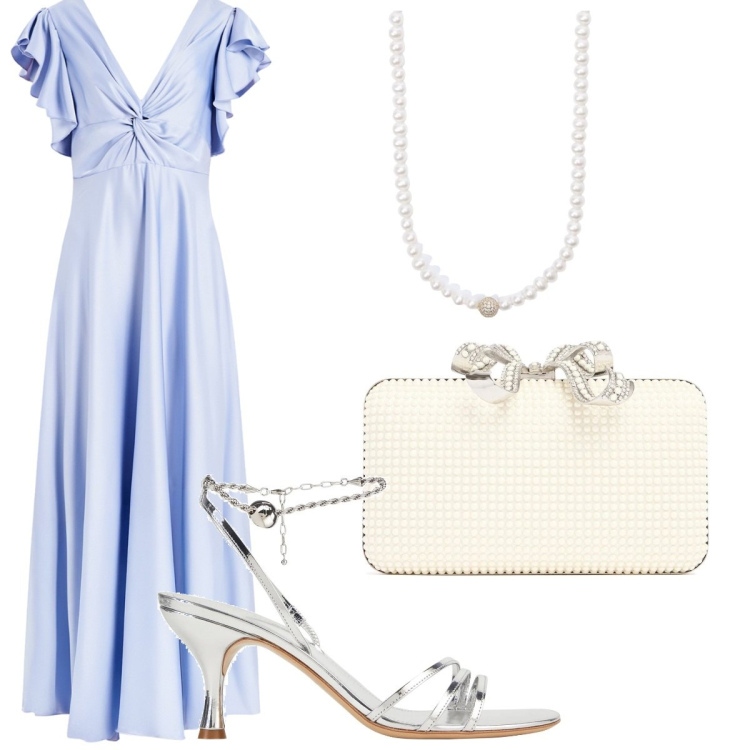 Outfit donna - La collana di perle, per la cerimonia. Stile Glamour per Cerimonia. Abbinamento con sandali in pelle, collane, vestiti lunghi, pochette.