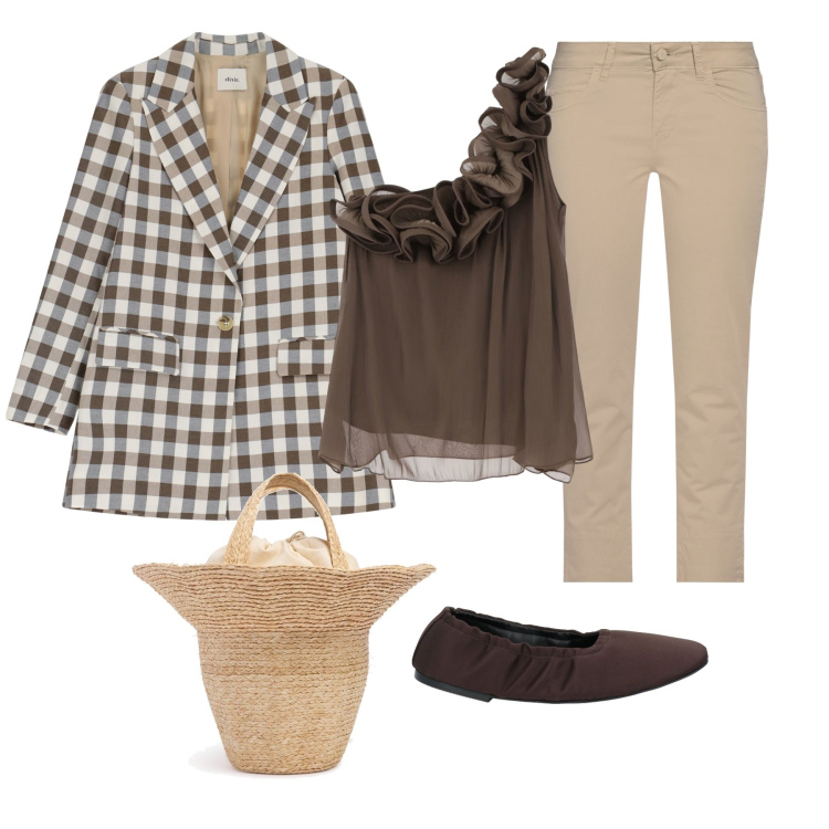 Outfit donna - Campagna. Stile Chic per Tutti i giorni. Abbinamento con ballerine, pantaloni, blazer, top, borse a mano.