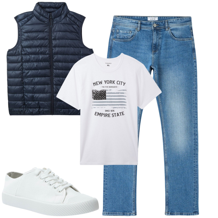 Outfit uomo - City. Stile Casual per Tutti i giorni. Abbinamento con piumini, t-shirt, jeans dritti, sneakers.