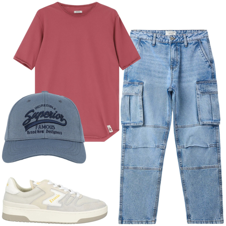 Outfit uomo - Total look #2116990. Stile Casual per Tutti i giorni. Abbinamento con sneakers, cappelli con visiera, jeans, t-shirt.