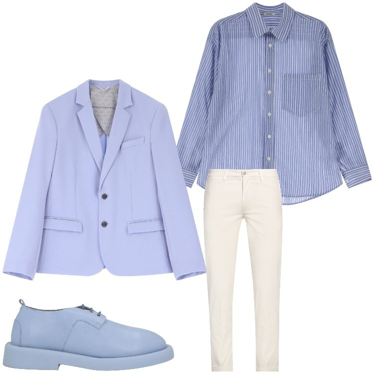 Outfit uomo - Eleganza in primavera. Stile Casual per Serata speciale. Abbinamento con pantaloni chino, scarpe stringate, giacche, camicie.