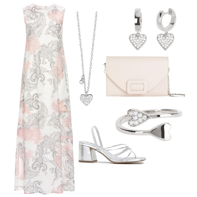 Outfit donna - Cerimonia raffinata low cost. Stile Chic per Cerimonia. Abbinamento con vestiti lunghi, sandali col tacco, pochette, collane, anelli, orecchini.
