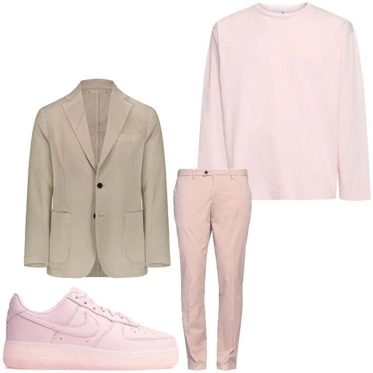 Outfit uomo - Giacca e rosa. Stile Business/Elegante per Serata speciale. Abbinamento con pantaloni chino, giacche, sneakers, t-shirt.