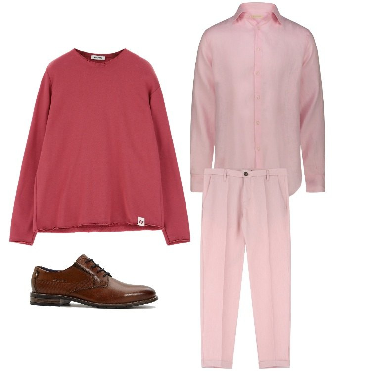 Outfit uomo - A tutto rosa. Stile Casual per Tutti i giorni. Abbinamento con scarpe stringate, felpe, pantaloni, camicie.