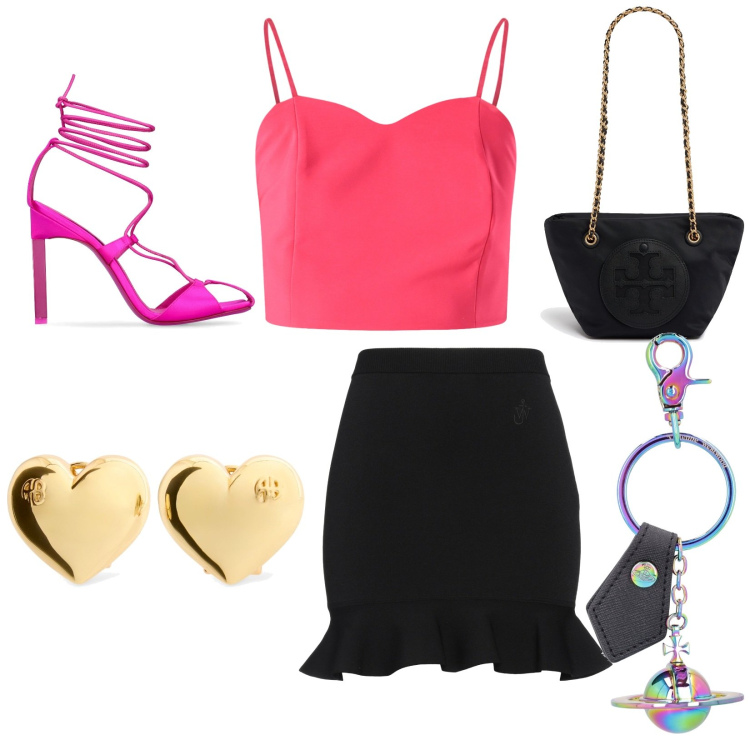 Outfit donna - Disco. Stile Casual chic per Serata fuori. Abbinamento con minigonne, top, portachiavi, décolleté, borse a tracolla, orecchini.